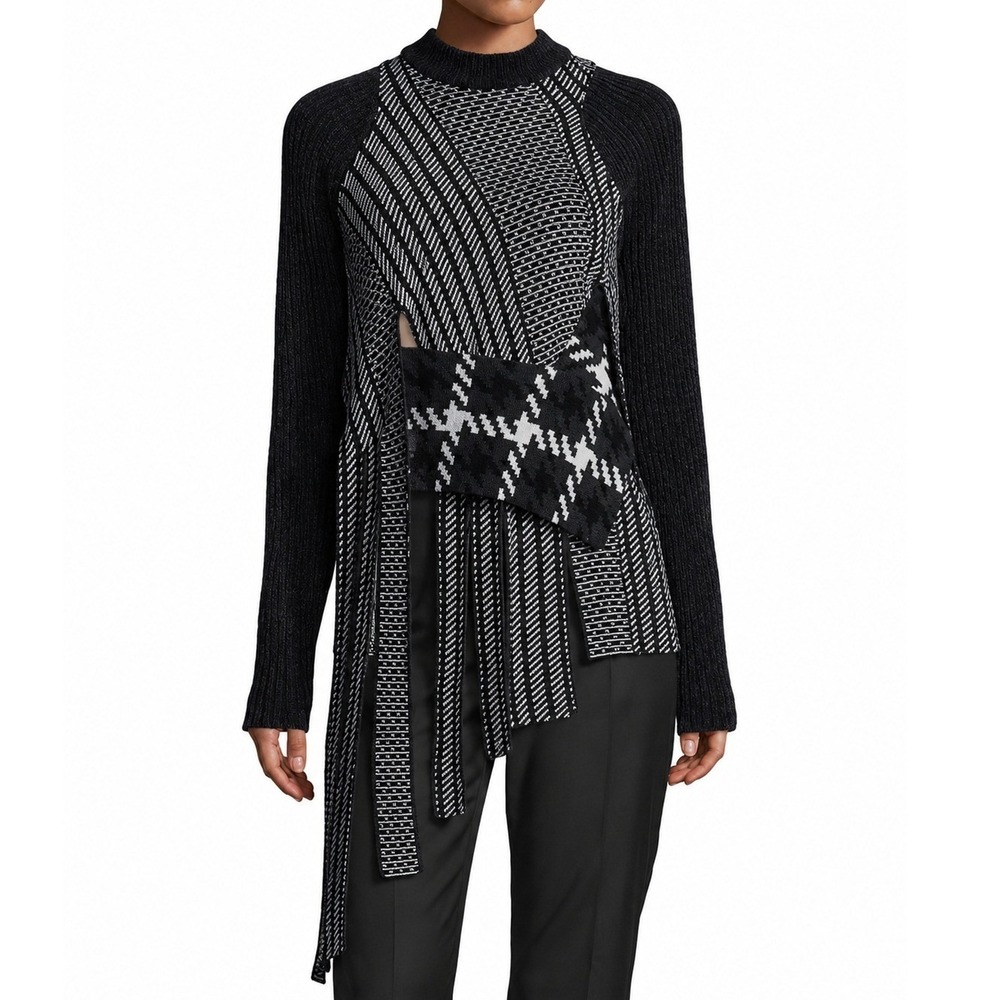 3.1 Phillip Lim Navy‎ Black Draped Jacquard Pullover Sweater Patchwork Size XS